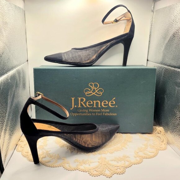 J Renee Black Suede Mesh 9.5M Ankle Strap High Heel! - Picture 1 of 4
